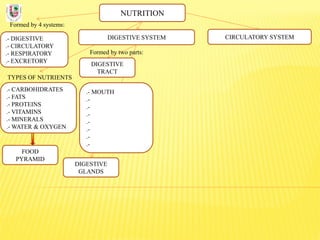 NUTRITION
Formed by 4 systems:
.- DIGESTIVE
.- CIRCULATORY
.- RESPIRATORY
.- EXCRETORY
DIGESTIVE SYSTEM
TYPES OF NUTRIENTS
.- CARBOHIDRATES
.- FATS
.- PROTEINS
.- VITAMINS
.- MINERALS
.- WATER & OXYGEN
Formed by two parts:
DIGESTIVE
TRACT
CIRCULATORY SYSTEM
DIGESTIVE
GLANDS
.- MOUTH
.-
.-
.-
.-
.-
.-
.-
FOOD
PYRAMID
 