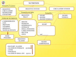NUTRITION
Formed by 4 systems:
.- DIGESTIVE
.- CIRCULATORY
.- RESPIRATORY
.- EXCRETORY
DIGESTIVE SYSTEM
TYPES OF NUTRIENTS
.- CARBOHIDRATES
.- FATS
.- PROTEINS
.- VITAMINS
.- MINERALS
.- WATER & OXYGEN
Formed by two parts:
DIGESTIVE
TRACT
CIRCULATORY SYSTEM
DIGESTIVE
GLANDS
.- MOUTH
.- PHARYNX
.- OESOPHAGUS
.- STOMACH
.- SMALL INTESTINE
.- LARGE INTESTINE
.- RECTUM
.- ANUS
.-SALIVARY GLANDS
.- GLANDS IN STOMACH (QUIME)
.- LIVER
.- PANCREAS
.- GLANDS IN SMALL INT. (QUILE)
FOOD
PYRAMID
BLOOD
COMPONENTS
BLOOD
VESSELS
.- HEART
.- BLOOD
.- BLOOD VESSELS
Formed by :
.-
.-
.-
.-
.- and _______.
HEART
 