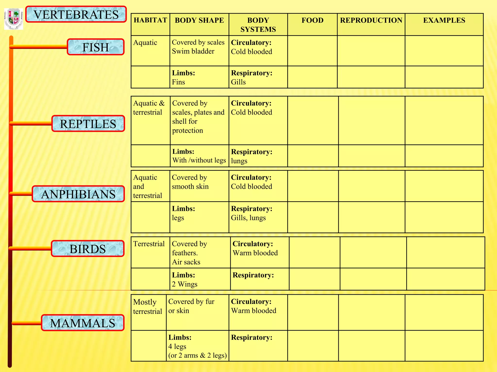 HABITAT BODY SHAPE BODY
SYSTEMS
FOOD REPRODUCTION EXAMPLES
Aquatic Covered by scales
Swim bladder
Circulatory:
Cold blooded
Limbs:
Fins
Respiratory:
Gills
FISH
REPTILES
ANPHIBIANS
BIRDS
MAMMALS
VERTEBRATES
Aquatic &
terrestrial
Covered by
scales, plates and
shell for
protection
Circulatory:
Cold blooded
Limbs:
With /without legs
Respiratory:
lungs
Aquatic
and
terrestrial
Covered by
smooth skin
Circulatory:
Cold blooded
Limbs:
legs
Respiratory:
Gills, lungs
Terrestrial Covered by
feathers.
Air sacks
Circulatory:
Warm blooded
Limbs:
2 Wings
Respiratory:
Mostly
terrestrial
Covered by fur
or skin
Circulatory:
Warm blooded
Limbs:
4 legs
(or 2 arms & 2 legs)
Respiratory:
 