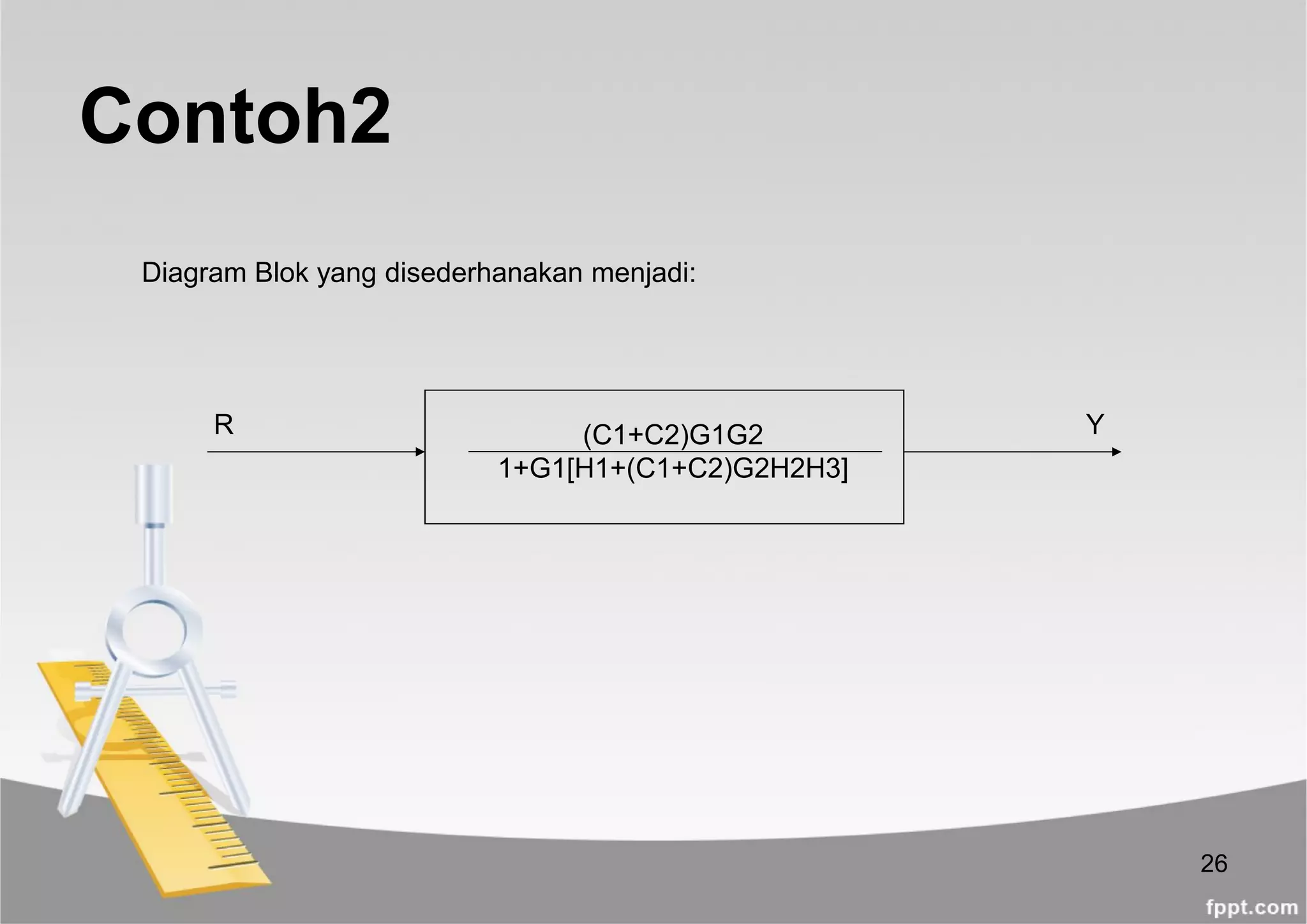 26
Contoh2
Diagram Blok yang disederhanakan menjadi:
YR (C1+C2)G1G2
1+G1[H1+(C1+C2)G2H2H3]
 