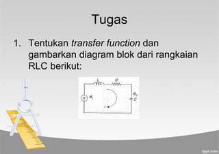 Tugas
1. Tentukan transfer function dan
gambarkan diagram blok dari rangkaian
RLC berikut:
ei
eo
 