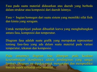 Fasa pada suatu material didasarkan atas daerah yang berbeda
dalam struktur atau komposisi dari daerah lainnya.
Fasa = bagian homogen dari suatu sistem yang memiliki sifat fisik
dan kimia yang seragam.
Untuk mempelajari paduan dibuatlah kurva yang menghubungkan
antara fasa, komposisi dan temperatur.
Diagram fasa adalah suatu grafik yang merupakan representasi
tentang fasa-fasa yang ada dalam suatu material pada variasi
temperatur, tekanan dan komposisi.
Pada umumnya diagram fasa dibangun pada keadaan
kesetimbangan (kondisinya adalah pendinginan yang sangat
lambat). Diagram ini dipakai untuk mengetahui dan memprediksi
banyak aspek terhadap sifat material.
2

 