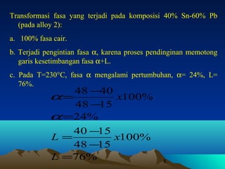 Transformasi fasa yang terjadi pada komposisi 40% Sn-60% Pb
(pada alloy 2):
a. 100% fasa cair.
b. Terjadi pengintian fasa α, karena proses pendinginan memotong
garis kesetimbangan fasa α+L.
c. Pada T=230°C, fasa α mengalami pertumbuhan, α= 24%, L=
76%.

48 −40
α=
x100%
48 −
15
α =24%
40 −
15
L=
x100%
48 −
15
L =76%

8

 