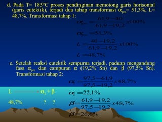 d. Pada T= 183°C proses pendinginan memotong garis horisontal
(garis eutektik), terjadi dua tahap transformasi αpro= 51,3%, L=
48,7%. Transformasi tahap 1:
61,9 −40
αpro =
x100%

αpro

61,9 − ,2
19
=51,3%

40 − ,2
19
x100%
61,9 − ,2
19
L =48,7%
L=

e. Setelah reaksi eutektik sempurna terjadi, paduan mengandung
fasa αpro dan campuran α (19,2% Sn) dan β (97,5% Sn).
Transformasi tahap 2:
97,5 −61,9
α =
x 48,7%
2
L
48,7%

α2 + β
?

?

97,5 − ,2
19
α =22,1%
2

61,9 − ,2
19
x 48,7%
97,5 − ,2
19
β =26,6%
9

β=

 