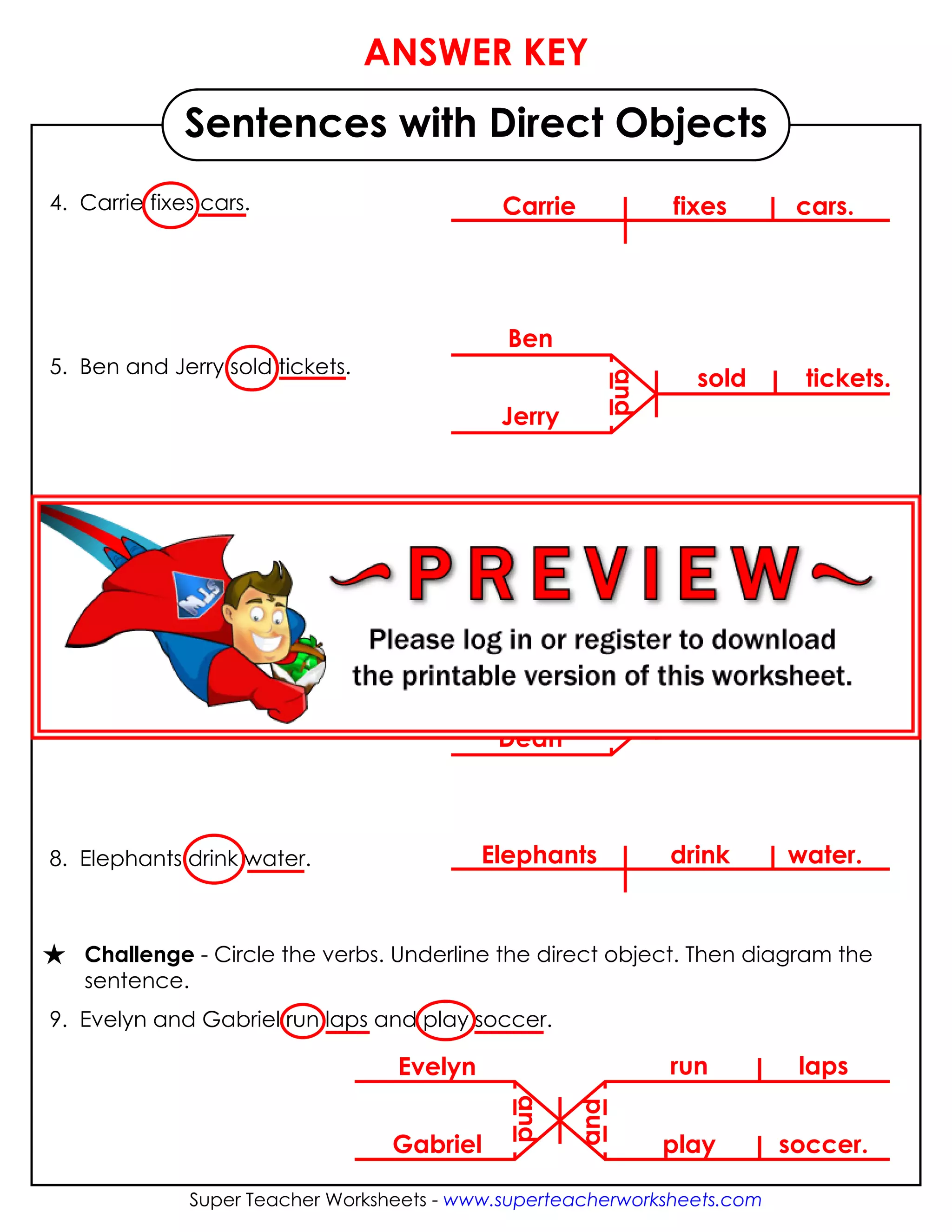 Super Teacher Worksheets - www.superteacherworksheets.com
Sentences with Direct Objects
4. Carrie fixes cars.
5. Ben and Jerry sold tickets.
6. Peter drank coffee.
7. Jan and Dean shook hands.
8. Elephants drink water.
Challenge - Circle the verbs. Underline the direct object. Then diagram the
sentence.
9. Evelyn and Gabriel run laps and play soccer.
Carrie fixes cars.
Ben
Jerry
and
sold tickets.
Peter drank coffee.
Jan
Dean
and
shook hands.
Elephants drink water.
Evelyn
Gabriel
and
and
run laps
play soccer.
ANSWER KEY
 