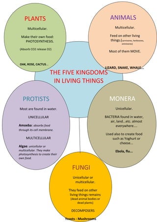 THE FIVE KINGDOMS
IN LIVING THINGS
ANIMALS
Multicellular.
Feed on other living
things.(carnivores, herbivores,
omnivores)
...