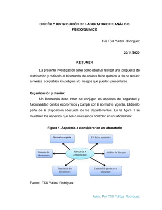 DISEÑO Y DISTRIBUCIÓN DE LABORATORIO DE ANÁLISIS
FÍSICO/QUÍMICO
Por TSU Yulitza Rodríguez
20/11/2020
RESUMEN
La presente investigación tiene como objetivo realizar una propuesta de
distribución y rediseño al laboratorio de análisis físico químico a fin de reducir
a niveles aceptables los peligros y/o riesgos que puedan presentarse.
Organización y diseño:
Un laboratorio debe tratar de conjugar los aspectos de seguridad y
funcionalidad con los económicos y cumplir con la normativa vigente. El diseño
parte de la disposición adecuada de los departamentos. En la figura 1 se
muestran los aspectos que serán necesarios controlar en un laboratorio:
Figura 1. Aspectos a considerar en un laboratorio
Fuente: TSU Yulitza Rodríguez
 