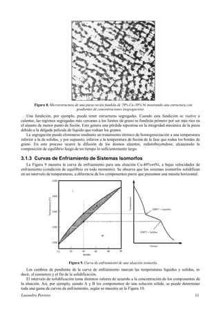 Lisandro Ferrero 11
Figura 8. Microestructura de una pieza recién fundida de 70% Cu-30% Ni mostrando una estructura con
gradientes de concentraciones (segregación).
Una fundición, por ejemplo, puede tener estructuras segregadas. Cuando esta fundición se vuelve a
calentar, las regiones segregadas más cercanas a los límites de grano se fundirán primero por ser más rico en
el aleante de menor punto de fusión. Esto genera una pérdida repentina en la integridad mecánica de la pieza
debido a la delgada película de líquido que rodean los granos.
La segregación puede eliminarse mediante un tratamiento térmico de homogeneización a una temperatura
inferior a la de solidus, y por supuesto, inferior a la temperatura de fusión de la fase que rodea los bordes de
grano. En este proceso ocurre la difusión de los átomos aleantes, redistribuyéndose, alcanzando la
composición de equilibrio luego de un tiempo lo suficientemente largo.
3.1.3 Curvas de Enfriamiento de Sistemas Isomorfos
La Figura 9 muestra la curva de enfriamiento para una aleación Cu-40%wtNi, a bajas velocidades de
enfriamiento (condición de equilibrio en todo momento). Se observa que los sistemas isomorfos solidifican
en un intervalo de temperaturas, a diferencia de los componentes puros que presentan una meseta horizontal.
Figura 9. Curva de enfriamiento de una aleación isomorfa.
Los cambios de pendiente de la curva de enfriamiento marcan las temperaturas liquidus y solidus, es
decir, el comienzo y el fin de la solidificación.
El intervalo de solidificación toma distintos valores de acuerdo a la concentración de los componentes de
la aleación. Así, por ejemplo, siendo A y B los componentes de una solución sólida, se puede determinar
toda una gama de curvas de enfriamiento, según se muestra en la Figura 10.
 