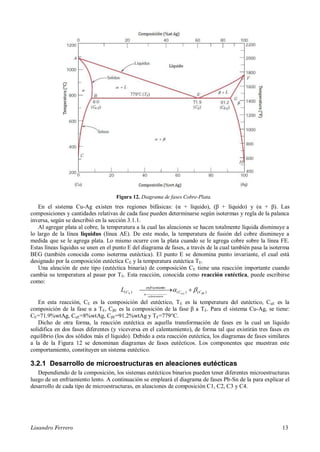 Lisandro Ferrero 13
Figura 12. Diagrama de fases Cobre-Plata.
En el sistema Cu-Ag existen tres regiones bifásicas: (α + líquido), (β + líquido) y (α + β). Las
composiciones y cantidades relativas de cada fase pueden determinarse según isotermas y regla de la palanca
inversa, según se describió en la sección 3.1.1.
Al agregar plata al cobre, la temperatura a la cual las aleaciones se hacen totalmente líquida disminuye a
lo largo de la línea liquidus (línea AE). De este modo, la temperatura de fusión del cobre disminuye a
medida que se le agrega plata. Lo mismo ocurre con la plata cuando se le agrega cobre sobre la línea FE.
Estas líneas liquidus se unen en el punto E del diagrama de fases, a través de la cual también pasa la isoterma
BEG (también conocida como isoterma eutéctica). El punto E se denomina punto invariante, el cual está
designado por la composición eutéctica CE y la temperatura eutéctica TE.
Una aleación de este tipo (eutéctica binaria) de composición CE tiene una reacción importante cuando
cambia su temperatura al pasar por TE. Esta reacción, conocida como reacción eutéctica, puede escribirse
como:
)()()( EE
ntocalentamie
E CC
toenfriamien
CL 
  
 
En esta reacción, CE es la composición del eutéctico, TE es la temperatura del eutéctico, CαE es la
composición de la fase α a TE, CβE es la composición de la fase β a TE. Para el sistema Cu-Ag, se tiene:
CE=71.9%wtAg, CαE=8%wtAg, CβE=91.2%wtAg y TE=779°C.
Dicho de otra forma, la reacción eutéctica es aquella transformación de fases en la cual un líquido
solidifica en dos fases diferentes (y viceversa en el calentamiento), de forma tal que existirán tres fases en
equilibrio (los dos sólidos más el líquido). Debido a esta reacción eutéctica, los diagramas de fases similares
a la de la Figura 12 se denominan diagramas de fases eutécticos. Los componentes que muestran este
comportamiento, constituyen un sistema eutéctico.
3.2.1 Desarrollo de microestructuras en aleaciones eutécticas
Dependiendo de la composición, los sistemas eutécticos binarios pueden tener diferentes microestructuras
luego de un enfriamiento lento. A continuación se empleará el diagrama de fases Pb-Sn de la para explicar el
desarrollo de cada tipo de microestructuras, en aleaciones de composición C1, C2, C3 y C4.
 
