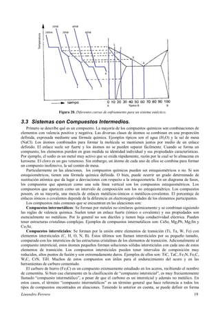 Lisandro Ferrero 19
Figura 20. Diferentes curvas de enfriamiento para un sistema eutéctico.
3.3 Sistemas con Compuestos Intermedios.
Primero se describe qué es un compuesto. La mayoría de los compuestos químicos son combinaciones de
elementos con valencia positiva y negativa. Las diversas clases de átomos se combinan en una proporción
definida, expresada mediante una fórmula química. Ejemplos típicos son el agua (H2O) y la sal de mesa
(NaCl). Los átomos combinados para formar la molécula se mantienen juntos por medio de un enlace
definido. El enlace suele ser fuerte y los átomos no se pueden separar fácilmente. Cuando se forma un
compuesto, los elementos pierden en gran medida su identidad individual y sus propiedades características.
Por ejemplo, el sodio es un metal muy activo que se oxida rápidamente, razón por la cual se lo almacena en
kerosene. El cloro es un gas venenoso. Sin embargo, un átomo de cada uno de ellos se combina para formar
un compuesto inofensivo, la sal común de mesa.
Particularmente en las aleaciones, los compuestos químicos pueden ser estequiométricos o no. Si son
estequiométricos, tienen una fórmula química definida. O bien, puede ocurrir un grado determinado de
sustitución atómica que da lugar a desviaciones con respecto a la estequiometría. En un diagrama de fases,
los compuestos que aparecen como una sola línea vertical son los compuestos estequiométricos. Los
compuestos que aparecen como un intervalo de composición son los no estequiométrico. Los compuestos
poseen, en su mayoría, una mezcla de enlaces metálicos-iónicos o metálicos-covalentes. El porcentaje de
enlaces iónicos o covalentes depende de la diferencia en electronegatividades de los elementos participantes.
Los compuestos más comunes que se encuentran en las aleaciones son:
Compuestos intermetálicos: Se forman por metales no similares químicamente y se combinan siguiendo
las reglas de valencia química. Suelen tener un enlace fuerte (iónico o covalente) y sus propiedades son
esencialmente no metálicas. Por lo general no son dúctiles y tienen baja conductividad eléctrica. Pueden
tener estructuras cristalinas complejas. Ejemplos de compuestos intermetálicos son: CaSe, Mg2Pb, Mg2Sn y
Cu2Se.
Compuestos intersticiales: Se forman por la unión entre elementos de transición (Ti, Ta, W, Fe) con
elementos intersticiales (C, H, O, N, B). Éstos últimos son llaman intersticiales por su pequeño tamaño,
comparado con los intersticios de las estructuras cristalinas de los elementos de transición. Adicionalmente al
compuesto intersticial, estos átomos pequeños forman soluciones sólidas intersticiales con cada uno de estos
elementos de transición. Los compuestos intersticiales pueden tener intervalos de composición muy
reducidos, altos puntos de fusión y son extremadamente duros. Ejemplos de ellos son: TiC, TaC, Fe3N, Fe3C,
W2C, CrN, TiH. Muchos de estos compuestos son útiles para el endurecimiento del acero y en las
herramientas de carburo cementado.
El carburo de hierro (Fe3C) es un compuesto extensamente estudiado en los aceros, recibiendo el nombre
de cememtita. Si bien cae claramente en la clasificación de “compuesto intersticial”, es muy frecuentemente
llamado “compuesto intermetálico”, a pesar de que el carbono es un intersticial y además no metálico. En
estos casos, el término “compuesto intermetálicos” es un término general que hace referencia a todos los
tipos de compuestos encontrados en aleaciones. Teniendo lo anterior en cuenta, se puede definir en forma
 
