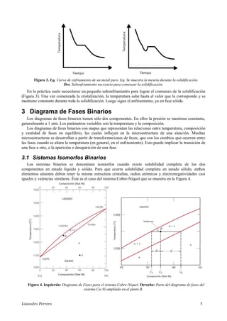 Lisandro Ferrero 5
Figura 3. Izq. Curva de enfriamiento de un metal puro. Izq. Se muestra la meseta durante la solidificación.
Der. Subenfriamiento necesario para comenzar la solidificación.
En la práctica suele necesitarse un pequeño subenfriamiento para lograr el comienzo de la solidificación
(Figura 3). Una vez comenzada la cristalización, la temperatura sube hasta el valor que le corresponde y se
mantiene constante durante toda la solidificación. Luego sigue el enfriamiento, ya en fase sólida.
3 Diagrama de Fases Binarios
Los diagramas de fases binarios tienen sólo dos componentes. En ellos la presión se mantiene constante,
generalmente a 1 atm. Los parámetros variables son la temperatura y la composición.
Los diagramas de fases binarios son mapas que representan las relaciones entre temperatura, composición
y cantidad de fases en equilibrio, las cuales influyen en la microestructura de una aleación. Muchas
microestructuras se desarrollan a partir de transformaciones de fases, que son los cambios que ocurren entre
las fases cuando se altera la temperatura (en general, en el enfriamiento). Esto puede implicar la transición de
una fase a otra, o la aparición o desaparición de una fase.
3.1 Sistemas Isomorfos Binarios
Los sistemas binarios se denominan isomorfos cuando existe solubilidad completa de los dos
componentes en estado líquido y sólido. Para que ocurra solubilidad completa en estado sólido, ambos
elementos aleantes deben tener la misma estructura cristalina, radios atómicos y electronegatividades casi
iguales y valencias similares. Éste es el caso del sistema Cobre-Níquel que se muestra en la Figura 4.
Figura 4. Izquierda: Diagrama de Fases para el sistema Cobre-Níquel. Derecha: Parte del diagrama de fases del
sistema Cu-Ni ampliado en el punto B.
 