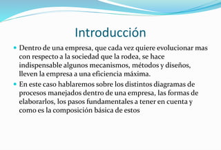 Introducción
 Dentro de una empresa, que cada vez quiere evolucionar mas
con respecto a la sociedad que la rodea, se hace
indispensable algunos mecanismos, métodos y diseños,
lleven la empresa a una eficiencia máxima.
 En este caso hablaremos sobre los distintos diagramas de
procesos manejados dentro de una empresa, las formas de
elaborarlos, los pasos fundamentales a tener en cuenta y
como es la composición básica de estos
 