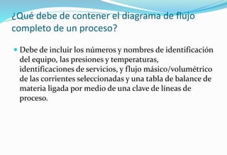 ¿Qué debe de contener el diagrama de flujo
completo de un proceso?
 Debe de incluir los números y nombres de identificación
del equipo, las presiones y temperaturas,
identificaciones de servicios, y flujo másico/volumétrico
de las corrientes seleccionadas y una tabla de balance de
materia ligada por medio de una clave de líneas de
proceso.
 