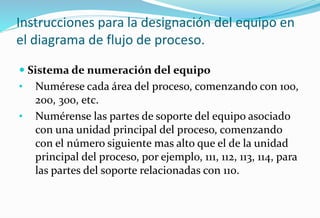 Instrucciones para la designación del equipo en
el diagrama de flujo de proceso.
 Sistema de numeración del equipo
• Numérese cada área del proceso, comenzando con 100,
200, 300, etc.
• Numérense las partes de soporte del equipo asociado
con una unidad principal del proceso, comenzando
con el número siguiente mas alto que el de la unidad
principal del proceso, por ejemplo, 111, 112, 113, 114, para
las partes del soporte relacionadas con 110.
 