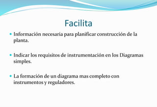 Facilita
 Información necesaria para planificar construcción de la
planta.
 Indicar los requisitos de instrumentación en los Diagramas
simples.
 La formación de un diagrama mas completo con
instrumentos y reguladores.
 