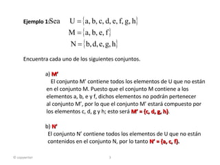 Ejemplo 1: Encuentra cada uno de los siguientes conjuntos. a)  M’    El conjunto M’ contiene todos los elementos de U que no están en el conjunto M. Puesto que el conjunto M contiene a los  elementos a, b, e y f, dichos elementos no podrán pertenecer  al conjunto M’, por lo que el conjunto M’ estará compuesto por  los elementos c, d, g y h; esto será  M’ = {c, d, g, h} . b)  N’   El conjunto N’ contiene todos los elementos de U que no están contenidos en el conjunto N, por lo tanto  N’ = {a, c, f} . © copywriter 