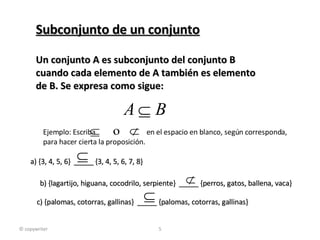 Subconjunto de un conjunto Un conjunto A es subconjunto del conjunto B  cuando cada elemento de A también es elemento de B. Se expresa como sigue: a) {3, 4, 5, 6}  _____ {3, 4, 5, 6, 7, 8} b) {lagartijo, higuana, cocodrilo, serpiente}  _____ {perros, gatos, ballena, vaca} c) {palomas, cotorras, gallinas}  _____ {palomas, cotorras, gallinas} © copywriter Ejemplo: Escriba  en el espacio en blanco, según corresponda, para hacer cierta la proposición. 
