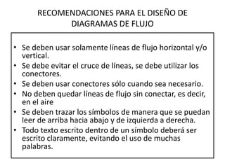 RECOMENDACIONES PARA EL DISEÑO DE
DIAGRAMAS DE FLUJO
• Se deben usar solamente líneas de flujo horizontal y/o
vertical.
• Se debe evitar el cruce de líneas, se debe utilizar los
conectores.
• Se deben usar conectores sólo cuando sea necesario.
• No deben quedar líneas de flujo sin conectar, es decir,
en el aire
• Se deben trazar los símbolos de manera que se puedan
leer de arriba hacia abajo y de izquierda a derecha.
• Todo texto escrito dentro de un símbolo deberá ser
escrito claramente, evitando el uso de muchas
palabras.
 