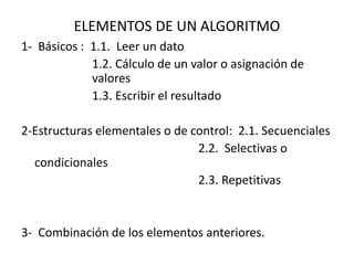 ELEMENTOS DE UN ALGORITMO
1- Básicos : 1.1. Leer un dato
1.2. Cálculo de un valor o asignación de
valores
1.3. Escribir el resultado
2-Estructuras elementales o de control: 2.1. Secuenciales
2.2. Selectivas o
condicionales
2.3. Repetitivas
3- Combinación de los elementos anteriores.
 