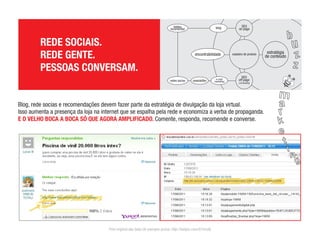 REDE SOCIAIS.REDE GENTE.PESSOAS CONVERSAM.

Blog, rede socias e recomendações devem fazer parte da estratégia de divulgação
da loja virtual. Isso aumenta a presença da loja na internet que se espalha pela rede e economiza a verba de propaganda. E O VELHO BOCA A BOCA SÓ QUE AGORA

AMPLIFICADO. Comente, responda, recomende e converse.

Print original das telas de exemplo acima: http://twitpic.com/67mmhj
 