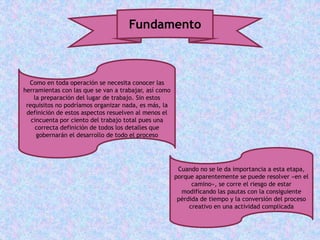 Fundamento
Como en toda operación se necesita conocer las
herramientas con las que se van a trabajar, así como
la preparación del lugar de trabajo. Sin estos
requisitos no podríamos organizar nada, es más, la
definición de estos aspectos resuelven al menos el
cincuenta por ciento del trabajo total pues una
correcta definición de todos los detalles que
gobernarán el desarrollo de todo el proceso
Cuando no se le da importancia a esta etapa,
porque aparentemente se puede resolver «en el
camino», se corre el riesgo de estar
modificando las pautas con la consiguiente
pérdida de tiempo y la conversión del proceso
creativo en una actividad complicada
 