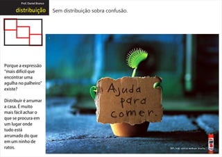Prof. Daniel Branco


                               Sem distribuição sobra confusão.




Porque a expressão
“mais difícil que
encontrar uma
agulha no palheiro”
existe?

Distribuir é arrumar
a casa. É muito
mais fácil achar o
que se procura em
um lugar onde
tudo está
arrumado do que
em um ninho de
ratos.
 