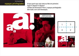 Prof. Daniel Branco

                      O que quero que seja visto ou lido em primeiro
                      lugar? E depois? E depois?
                      Lembra da hierarquia? Pois é, espaços privilegiados
                      têm tudo a ver com hierarquia.
 