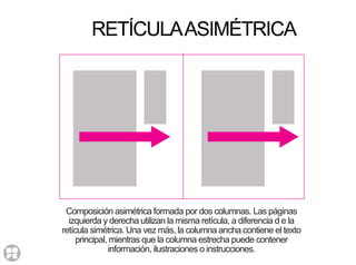 RETÍCULAASIMÉTRICA
Composición asimétrica formada por dos columnas. Las páginas
izquierda y derecha utilizan la misma retícula, a diferencia d e la
retícula simétrica. Una vez más, la columna ancha contiene el texto
principal, mientras que la columna estrecha puede contener
información, ilustraciones o instrucciones.
 