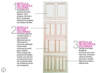 RETÍCULA
DE UNASOLA
COLUMNA
se emplea por lo
general para texto
seguido, como
ensayos, informes o
libros. El principal
elemento de la página
es el bloque de texto.
RETÍCULA
DE DOS
COLUMNAS
Sirve para organizar
un texto extenso o
para presentar
diferentes tipos de
información en
columnas separadas.
Puede incluir
columnas de ancho
igual o distinto.
Para conseguir las
proporciones ideales,
cuando una columna
es más ancha que la
otra, la primera debe
ser el doble de ancha
que la segunda.
1
2
RETÍCULAS
DE MÚLTIPLES
COLUMNAS
Permite una mayor
flexibilidad
que las de una o dos
columnas. Combinan
varias de diversas
anchuras y resultan
útiles para revistas y
páginas web.
3
 