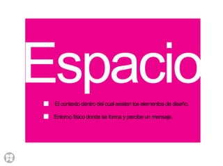 EspacioEl contexto dentro del cual existen los elementos de diseño.
Entorno físico donde se forma y percibe un mensaje.
 