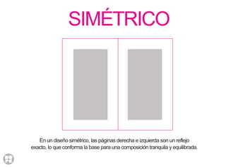 SIMÉTRICO
En un diseño simétrico, las páginas derecha e izquierda son un reflejo
exacto, lo que conforma la base para una composición tranquila y equilibrada.
 