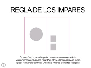 REGLADE LOS IMPARES
Es más cómodo para el espectador contemplar una composición
con un número de elementos impar. Para ello se utiliza un elemento central,
que se “encuandra” dentro de un número impar de elementos de soporte.
 
