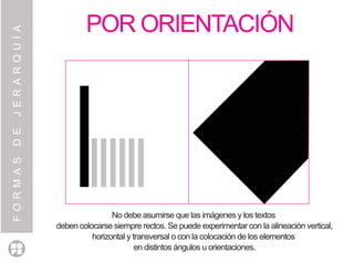 FORMASDEJERARQUÍA
POR ORIENTACIÓN
No debe asumirse que las imágenes y los textos
deben colocarse siempre rectos. Se puede experimentar con la alineación vertical,
horizontal y transversal o con la colocación de los elementos
en distintos ángulos u orientaciones.
 