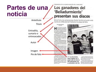Partes de una
noticia
Antetítulo
Título
Entradilla,
sumario o
entresacados
Autor
Imagen
Pie de foto
 
