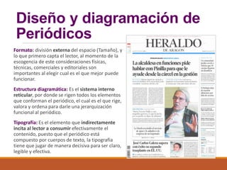 Formato: división externa del espacio (Tamaño), y
lo que primero capta el lector, al momento de la
escogencia de este consideraciones físicas,
técnicas, comerciales y editoriales son
importantes al elegir cual es el que mejor puede
funcionar.
Estructura diagramática: Es el sistema interno
reticular, por donde se rigen todos los elementos
que conforman el periódico, el cual es el que rige,
valora y ordena para darle una jerarquización
funcional al periódico.
Tipografía: Es el elemento que indirectamente
incita al lector a consumir efectivamente el
contenido, puesto que el periódico está
compuesto por cuerpos de texto, la tipografía
tiene que jugar de manera decisiva para ser claro,
legible y efectiva.
Diseño y diagramación de
Periódicos
 