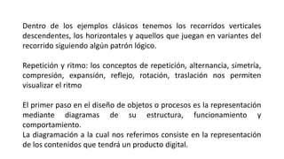 Dentro de los ejemplos clásicos tenemos los recorridos verticales
descendentes, los horizontales y aquellos que juegan en variantes del
recorrido siguiendo algún patrón lógico.
Repetición y ritmo: los conceptos de repetición, alternancia, simetría,
compresión, expansión, reflejo, rotación, traslación nos permiten
visualizar el ritmo
El primer paso en el diseño de objetos o procesos es la representación
mediante diagramas de su estructura, funcionamiento y
comportamiento.
La diagramación a la cual nos referimos consiste en la representación
de los contenidos que tendrá un producto digital.
 
