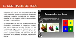 El contraste actúa a través de la atracción o excitación del
público observador, mediante la combinación de diferentes
intensidades o niveles de contraste, en el color, el tamaño,
la textura, etc. Los contrastes pueden proporcionar mayor
significado a una composición.
El contraste de tono se basa en la utilización de tonos muy
contrastados, la combinación de claro-oscuro; el mayor
peso lo tendrá el elemento con mayor oscuridad. Para que
este perdiera protagonismo en el diseño, tendríamos que
disminuir la intensidad del tono y redimensionarlo después,
para que no perdiese equilibrio en la composición. Este tipo
de contraste es uno de los más utilizados en composiciones
gráficas
EL CONTRASTE DE TONO
 