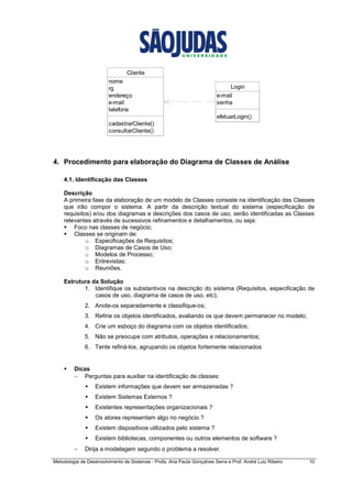 Metodologia de Desenvolvimento de Sistemas - Profa. Ana Paula Gonçalves Serra e Prof. André Luiz Ribeiro 10
Cliente
nome
rg
endereço
e-mail
telefone
cadastrarCliente()
consultarCliente()
Login
e-mail
senha
efetuarLogin()
4. Procedimento para elaboração do Diagrama de Classes de Análise
4.1. Identificação das Classes
Descrição
A primeira fase da elaboração de um modelo de Classes consiste na identificação das Classes
que irão compor o sistema. A partir da descrição textual do sistema (especificação de
requisitos) e/ou dos diagramas e descrições dos casos de uso, serão identificadas as Classes
relevantes através de sucessivos refinamentos e detalhamentos, ou seja:
Foco nas classes de negócio;
Classes se originam de:
o Especificações de Requisitos;
o Diagramas de Casos de Uso;
o Modelos de Processo;
o Entrevistas;
o Reuniões.
Estrutura da Solução
1. Identifique os substantivos na descrição do sistema (Requisitos, especificação de
casos de uso, diagrama de casos de uso, etc);
2. Anote-os separadamente e classifique-os;
3. Refine os objetos identificados, avaliando os que devem permanecer no modelo;
4. Crie um esboço do diagrama com os objetos identificados;
5. Não se preocupe com atributos, operações e relacionamentos;
6. Tente refiná-los, agrupando os objetos fortemente relacionados
Dicas
− Perguntas para auxiliar na identificação de classes:
Existem informações que devem ser armazenadas ?
Existem Sistemas Externos ?
Existentes representações organizacionais ?
Os atores representam algo no negócio ?
Existem dispositivos utilizados pelo sistema ?
Existem bibliotecas, componentes ou outros elementos de software ?
− Dirija a modelagem segundo o problema a resolver.
 