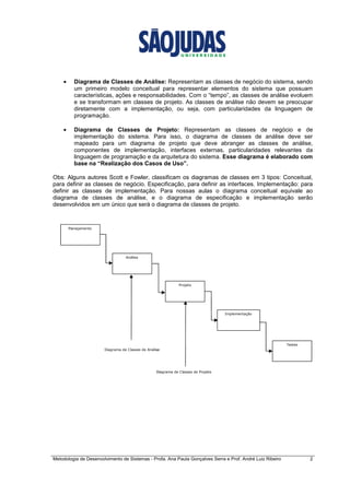 Metodologia de Desenvolvimento de Sistemas - Profa. Ana Paula Gonçalves Serra e Prof. André Luiz Ribeiro 2
• Diagrama de Classes de Análise: Representam as classes de negócio do sistema, sendo
um primeiro modelo conceitual para representar elementos do sistema que possuam
características, ações e responsabilidades. Com o “tempo”, as classes de análise evoluem
e se transformam em classes de projeto. As classes de análise não devem se preocupar
diretamente com a implementação, ou seja, com particularidades da linguagem de
programação.
• Diagrama de Classes de Projeto: Representam as classes de negócio e de
implementação do sistema. Para isso, o diagrama de classes de análise deve ser
mapeado para um diagrama de projeto que deve abranger as classes de análise,
componentes de implementação, interfaces externas, particularidades relevantes da
linguagem de programação e da arquitetura do sistema. Esse diagrama é elaborado com
base na “Realização dos Casos de Uso”.
Obs: Alguns autores Scott e Fowler, classificam os diagramas de classes em 3 tipos: Conceitual,
para definir as classes de negócio. Especificação, para definir as interfaces. Implementação: para
definir as classes de implementação. Para nossas aulas o diagrama conceitual equivale ao
diagrama de classes de análise, e o diagrama de especificação e implementação serão
desenvolvidos em um único que será o diagrama de classes de projeto.
Planejamento
Análise
Projeto
Implementação
Testes
Diagrama de Classes de Análise
Diagrama de Classes de Projeto
Planejamento
Análise
Projeto
Implementação
Testes
Planejamento
Análise
Projeto
Implementação
Testes
Planejamento
Análise
Projeto
Implementação
Testes
Planejamento
Análise
Projeto
Implementação
Testes
Diagrama de Classes de Análise
Diagrama de Classes de Projeto
Planejamento
Análise
Projeto
Implementação
Testes
Planejamento
Análise
Projeto
Implementação
Testes
 