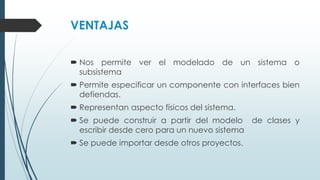 VENTAJAS
 Nos permite ver el modelado de un sistema o
subsistema
 Permite especificar un componente con interfaces bien
defiendas.
 Representan aspecto físicos del sistema.
 Se puede construir a partir del modelo de clases y
escribir desde cero para un nuevo sistema
 Se puede importar desde otros proyectos.
 