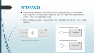 INTERFACES
 Una interfaz contiene una colección de operaciones y se utiliza para
especificar los servicios de una clase o de un componente.Es el lazo de
unión entre varios componentes.
 Las interfaces pueden representarse de varias formas, como vemos en la
grafica:
Donde C es el nombre de la interfaz.
 