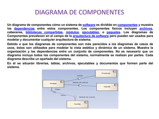 DIAGRAMA DE COMPONENTES
Un diagrama de componentes cómo un sistema de software es dividido en componentes y muestra
las dependencias entre estos componentes. Los componentes físicos incluyen archivos,
cabeceras, bibliotecas compartidas, módulos, ejecutables, o paquetes. Los diagramas de
Componentes prevalecen en el campo de la arquitectura de software pero pueden ser usados para
modelar y documentar cualquier arquitectura de sistema.
Debido a que los diagramas de componentes son más parecidos a los diagramas de casos de
usos, éstos son utilizados para modelar la vista estática y dinámica de un sistema. Muestra la
organización y las dependencias entre un conjunto de componentes. No es necesario que un
diagrama incluya todos los componentes del sistema, normalmente se realizan por partes. Cada
diagrama describe un apartado del sistema.
En él se situarán librerías, tablas, archivos, ejecutables y documentos que formen parte del
sistema.
 
