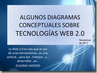 La Web 2.0 es más que el uso de unas herramientas…es una actitud… para dar…trabajar…y… desarrollar…se… ZULEIMA CAICEDO Noviembre de 2011 ALGUNOS DIAGRAMAS CONCEPTUALES SOBRE  TECNOLOGÍAS WEB 2.0 