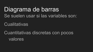 Diagrama de barras
Se suelen usar si las variables son:
Cualitativas
Cuantitativas discretas con pocos
valores