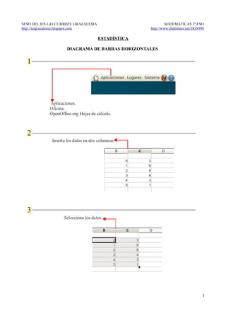 SESO DEL IES LAS CUMBRES. GRAZALEMA                          MATEMÁTICAS 2º ESO
http://iesgrazalema.blogspot.com                    http://www.slideshare.net/DGS998

                                      ESTADÍSTICA

                     DIAGRAMA DE BARRAS HORIZONTALES

  1




  2




  3




                                                                                   1
 