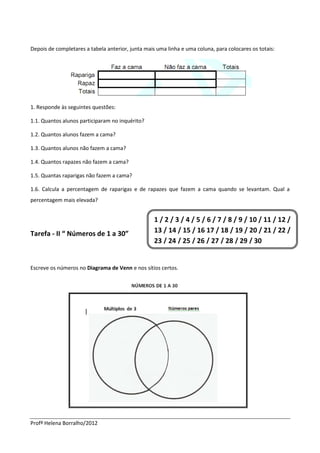 Depois de completares a tabela anterior, junta mais uma linha e uma coluna, para colocares os totais:




1. Responde às seguintes questões:

1.1. Quantos alunos participaram no inquérito?

1.2. Quantos alunos fazem a cama?

1.3. Quantos alunos não fazem a cama?

1.4. Quantos rapazes não fazem a cama?

1.5. Quantas raparigas não fazem a cama?

1.6. Calcula a percentagem de raparigas e de rapazes que fazem a cama quando se levantam. Qual a
percentagem mais elevada?


                                                   1 / 2 / 3 / 4 / 5 / 6 / 7 / 8 / 9 / 10 / 11 / 12 /
Tarefa - II “ Números de 1 a 30”                   13 / 14 / 15 / 16 17 / 18 / 19 / 20 / 21 / 22 /
                                                   23 / 24 / 25 / 26 / 27 / 28 / 29 / 30


Escreve os números no Diagrama de Venn e nos sítios certos.




Profª Helena Borralho/2012
 