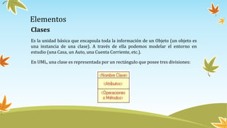 Elementos
Clases
Es la unidad básica que encapsula toda la información de un Objeto (un objeto es
una instancia de una clase). A través de ella podemos modelar el entorno en
estudio (una Casa, un Auto, una Cuenta Corriente, etc.).
En UML, una clase es representada por un rectángulo que posee tres divisiones:
 