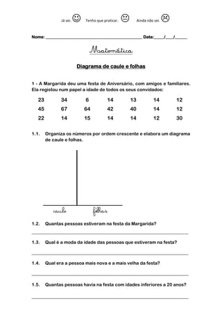 Nome: _______________________________________________ Data:_____/____/______
Diagrama de caule e folhas
1 - A Margarida deu uma festa de Aniversário, com amigos e familiares.
Ela registou num papel a idade de todos os seus convidados:
23 34 6 14 13 14 12
45 67 64 42 40 14 12
22 14 15 14 14 12 30
1.1. Organiza os números por ordem crescente e elabora um diagrama
de caule e folhas.
1.2. Quantas pessoas estiveram na festa da Margarida?
______________________________________________________________________
1.3. Qual é a moda da idade das pessoas que estiveram na festa?
______________________________________________________________________
1.4. Qual era a pessoa mais nova e a mais velha da festa?
______________________________________________________________________
1.5. Quantas pessoas havia na festa com idades inferiores a 20 anos?
______________________________________________________________________
Já sei. Tenho que praticar. Ainda não sei. 