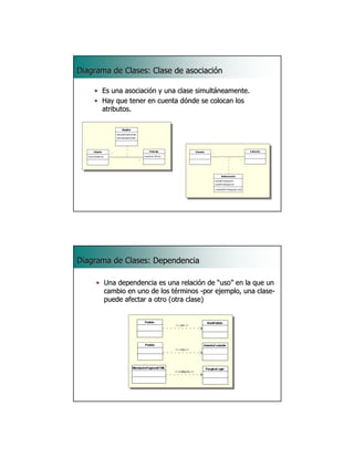 Diagrama de Clases: Clase de asociación

    • Es una asociación y una clase simultáneamente.
    • Hay que tener en cuenta dónde se colocan los
      atributos.




                                                          21




Diagrama de Clases: Dependencia

     • Una dependencia es una relación de “uso” en la que un
       cambio en uno de los términos -por ejemplo, una clase-
                                                       clase-
       puede afectar a otro (otra clase)




                                                          22
 