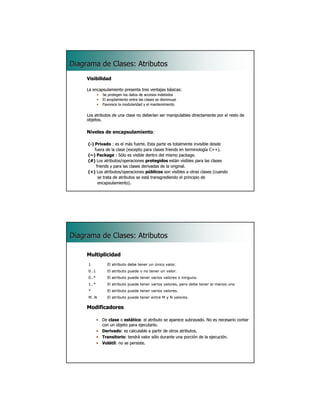 Diagrama de Clases: Atributos
     Visibilidad

     La encapsulamiento presenta tres ventajas básicas:
            •   Se protegen los datos de accesos indebidos
            •   El acoplamiento entre las clases se disminuye
            •   Favorece la modularidad y el mantenimiento


     Los atributos de una clase no deberían ser manipulables directamente por el resto de
                                                             directamente
     objetos.

     Niveles de encapsulamiento:

     (-) Privado : es el más fuerte. Esta parte es totalmente invisible desde
         fuera de la clase (excepto para clases friends en terminología C++).
                                                             terminología
     (~) Package : Sólo es visible dentro del mismo package.
     (#) Los atributos/operaciones protegidos están visibles para las clases
          friends y para las clases derivadas de la original.
     (+) Los atributos/operaciones públicos son visibles a otras clases (cuando
           se trata de atributos se está transgrediendo el principio de
                                                            principio
           encapsulamiento).
                                                                                         5




Diagrama de Clases: Atributos

     Multiplicidad
     1            El atributo debe tener un único valor.
     0..1         El atributo puede o no tener un valor.
     0..*         El atributo puede tener varios valores o ninguno.
     1..*         El atributo puede tener varios valores, pero debe tener al menos uno
     *            El atributo puede tener varios valores.
     M..N         El atributo puede tener entre M y N valores.

     Modificadores

            • De clase o estático: el atributo se aparece subrayado. No es necesario contar
                          estático:
              con un objeto para ejecutarlo.
            • Derivado: es calculable a partir de otros atributos.
              Derivado:
            • Transitorio: tendrá valor sólo durante una porción de la ejecución.
              Transitorio:
            • Volátil: no se persiste.
              Volátil:


                                                                                         6
 